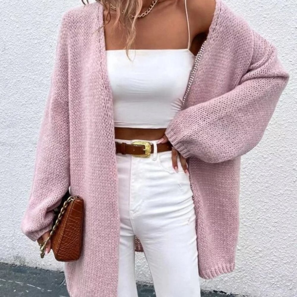 Contemporary Open Front Sweater knit Cardigan  Pink